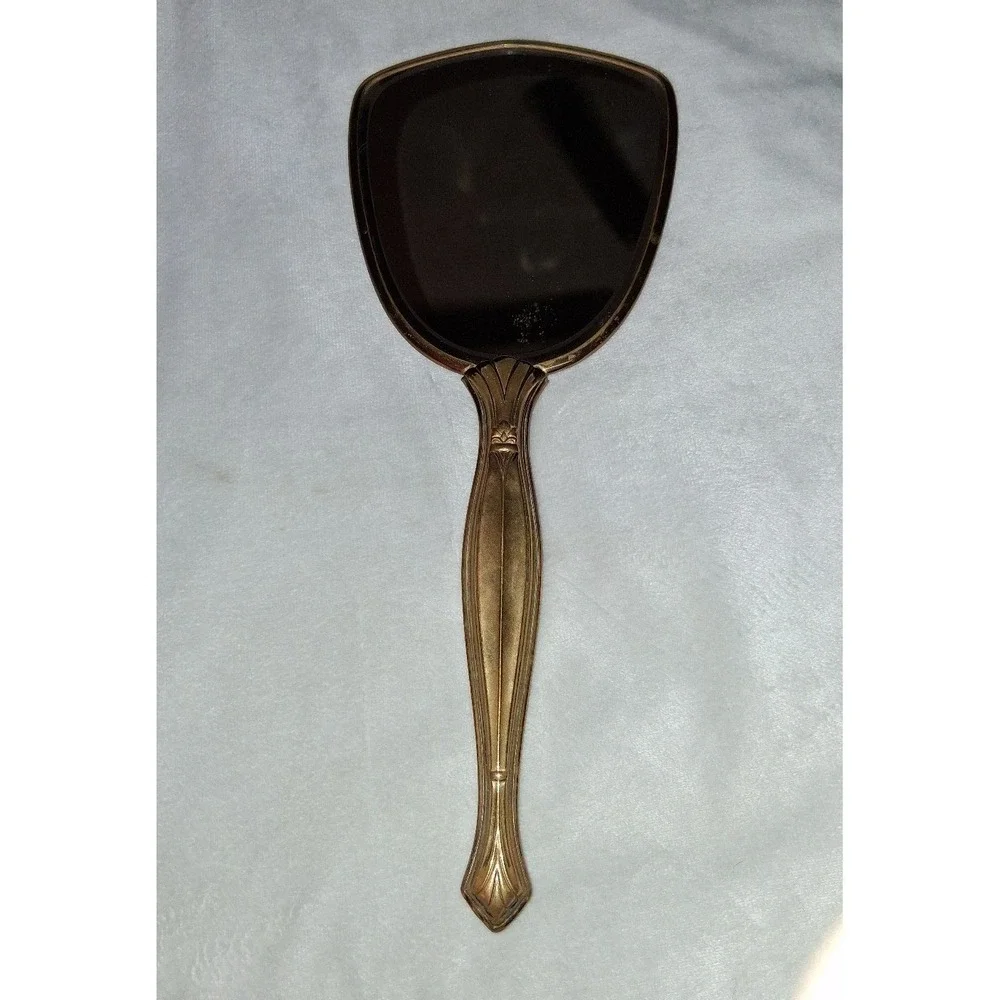 Vintage Floral Petit Point Hand Mirror Brass Tone Vanity Mirror 13.25